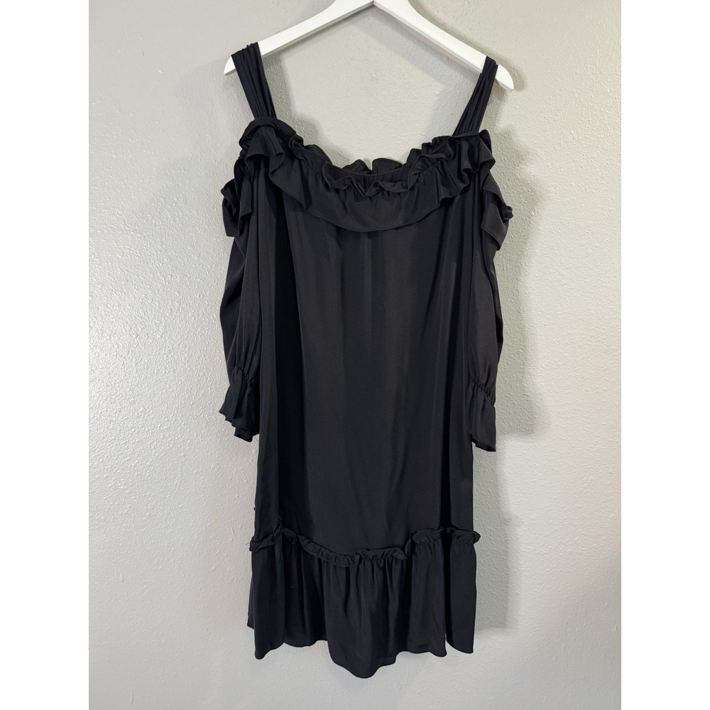 Nanette Lepore 100% Silk Black Ruffle Cold Shoulder Spotlight Dress S Romantic